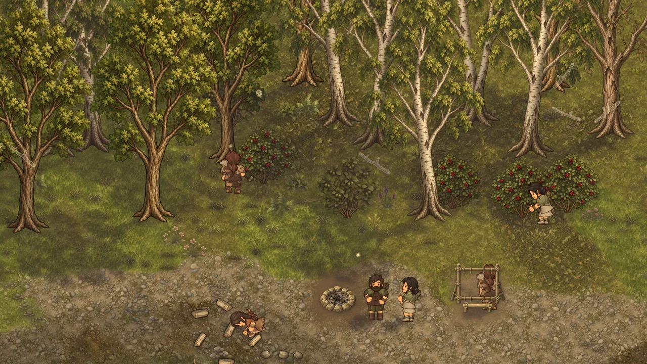 Villagers chopping, foraging and building at a summer forest camp