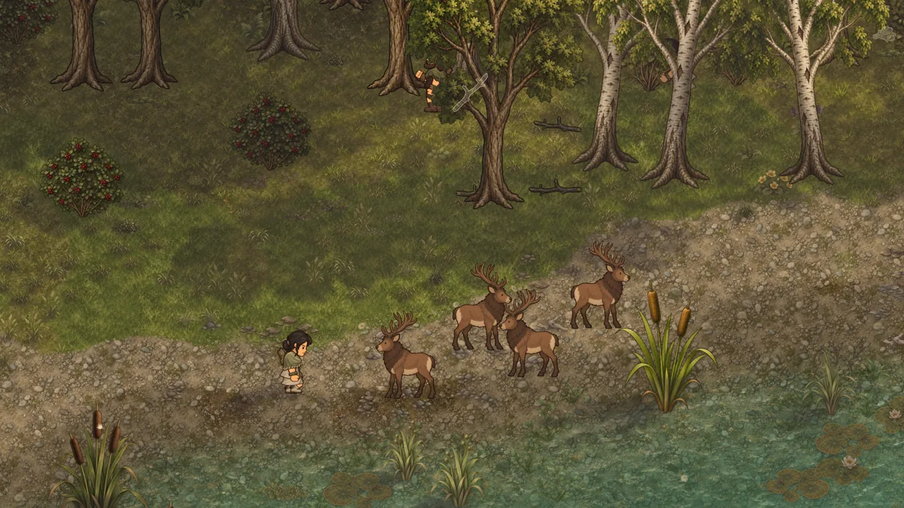 Deer grazing at the forest edge in spring